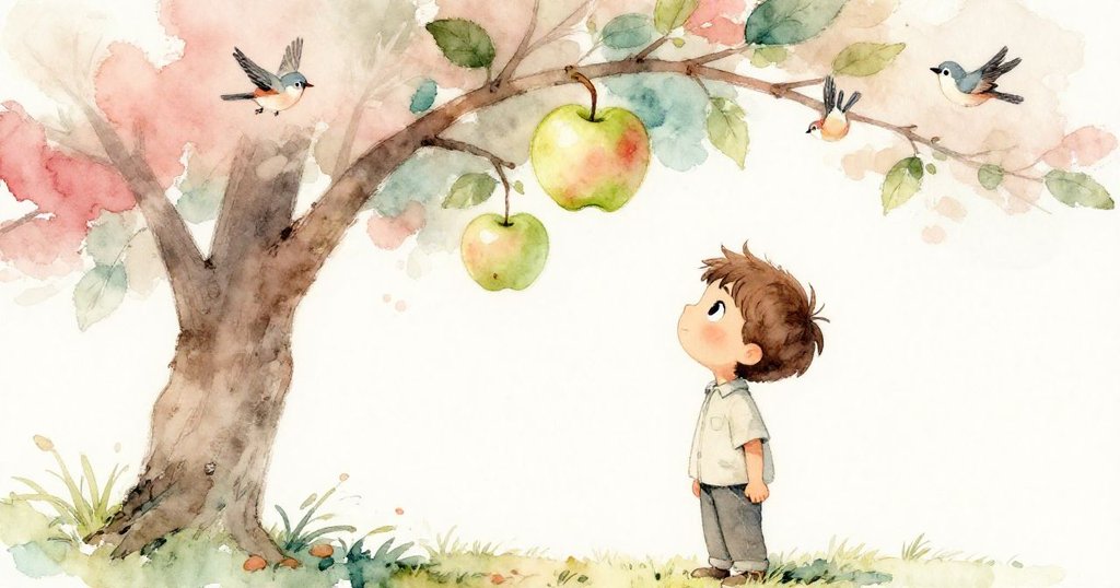 布雷克抬頭望著低矮蘋果樹，樹上懸掛著半綠帶淡紅的蘋果，小鳥在枝間輕巧飛舞，光線溫暖柔和。