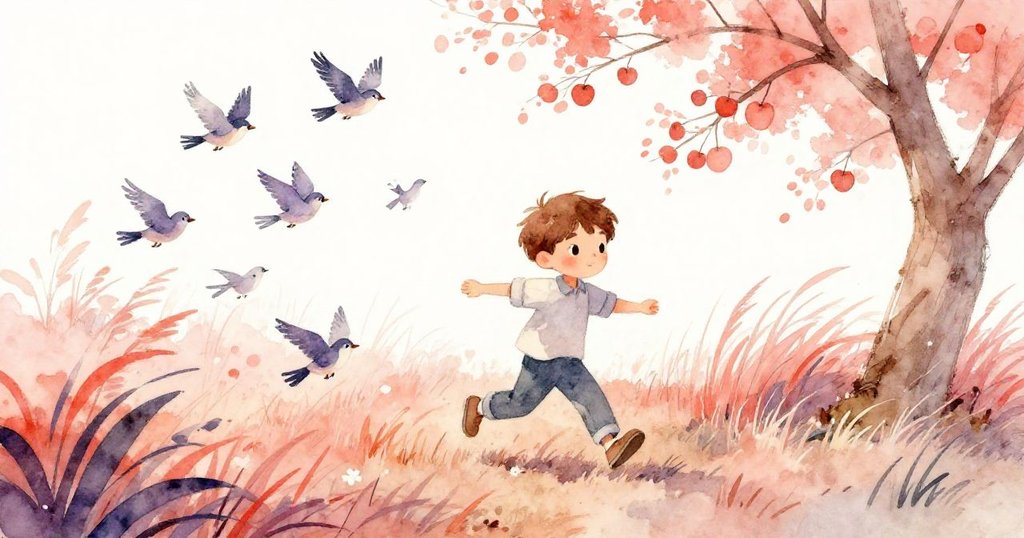 布雷克隨著輕風吹動搖曳的高草邊走邊觀看飛舞的小鳥，動感畫面呈現他滿足的好奇與活力，色調活潑。