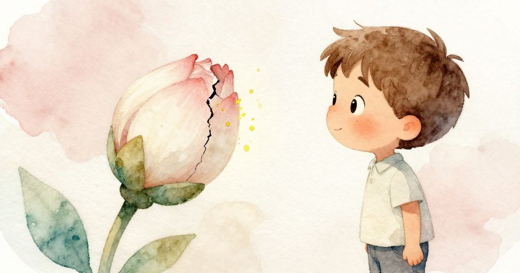 布雷克回望初見花苞，花苞微裂透出金黃光芒，他靜立在枝旁，驚奇之情溢於言表，氛圍溫柔神秘。