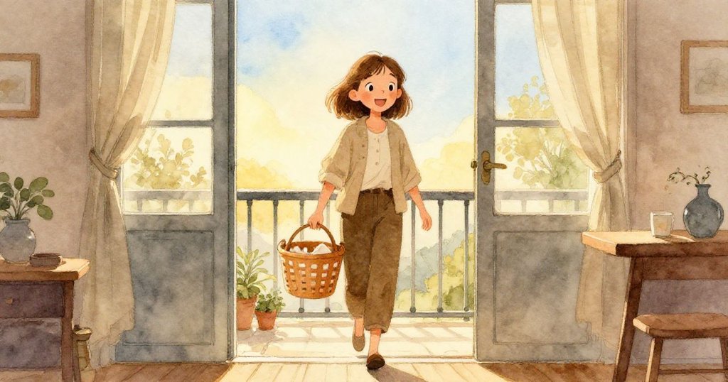 Dawn從溫暖走廊中走出陽台門，手持焦糖色籃子，臉上流露期待與活力，晨光灑滿過道。