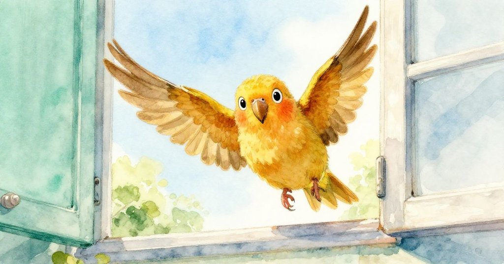 受驚的小鸚鵡從鄰近陽台門口飛出，翅膀閃耀著琥珀光，展現迅速逃逸的動感。