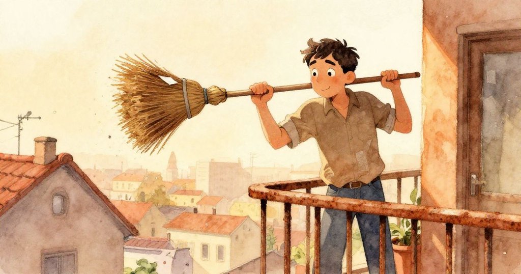 Amos於屋頂欄杆旁用掃帚擋住滾動的花盆，袖上沾著散落信件，神情專注，背景呈現溫暖晨光。