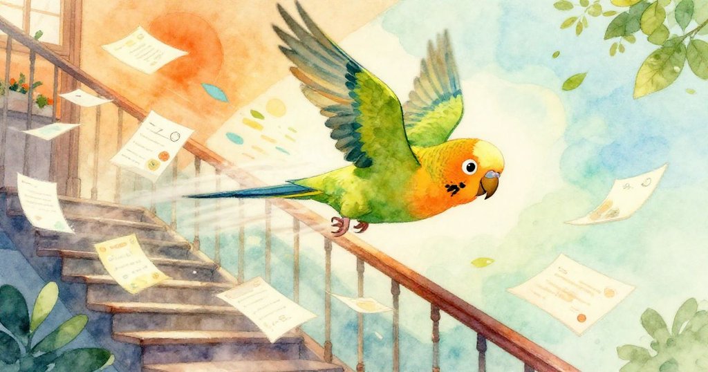 樓梯間中，信件與傳單隨風飛舞，環繞著翅膀閃亮的鸚鵡，動感十足，散發著暖暖晨光。