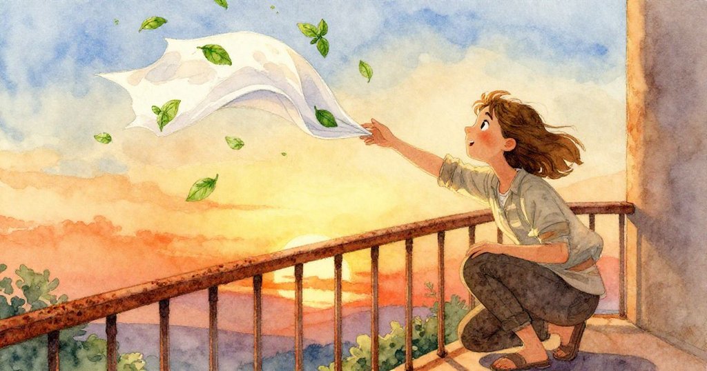 夕陽下Dawn蹲在陽台欄杆邊，伸手穩住飛舞的棉布，臉上充滿堅定，周圍散落綠色羅勒葉，溫暖宜人。