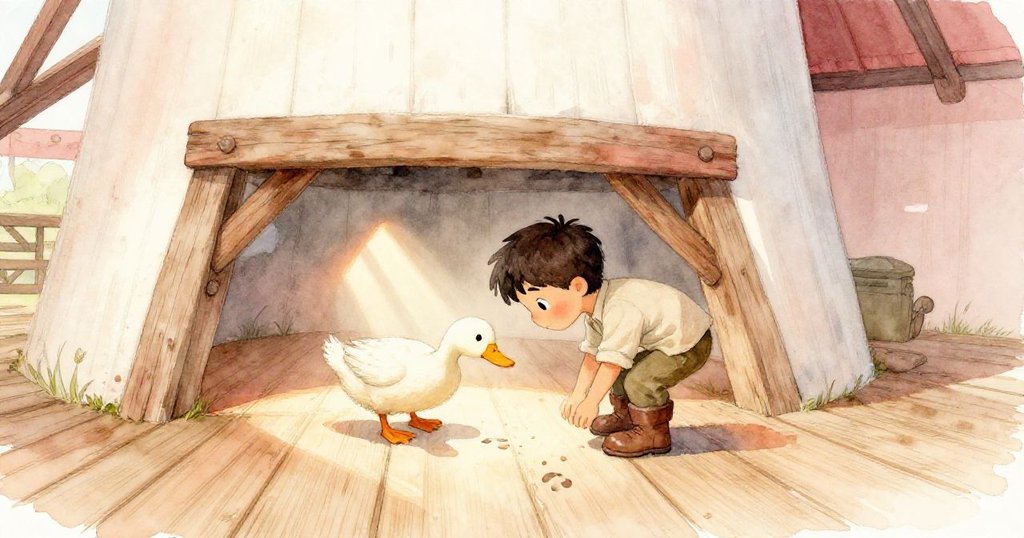 布萊姆小心進入古老碾米房,低頭通過低門,腳上濕濕的痕跡顯示他的決心與好奇心。