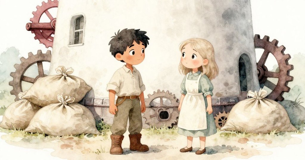 布萊姆與伊芙在古老磨坊中相遇,背後齒輪運轉和麻袋重疊,兩人眼神交流中流露出好奇與默契。