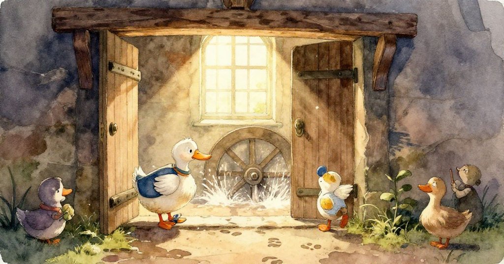 一滴水從木樑上輕輕滴落,落在灑滿麵粉的地板上形成小小銀色水池,充滿微妙魔法與柔和光影。