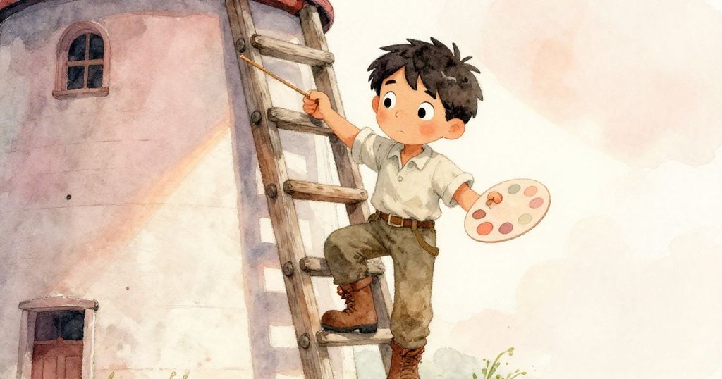 布萊姆手握雪松條,半登階梯,在古舊磨坊內做出艱難抉擇,臉上表情堅定而略帶猶豫。