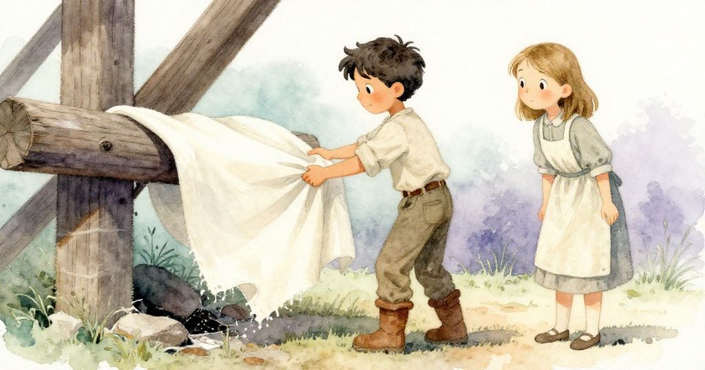 布萊姆細心摺疊舊桌布覆在滲水樑上,伊芙靜靜觀看,兩人流露出理解與溫柔的默契,現場充滿暖意。