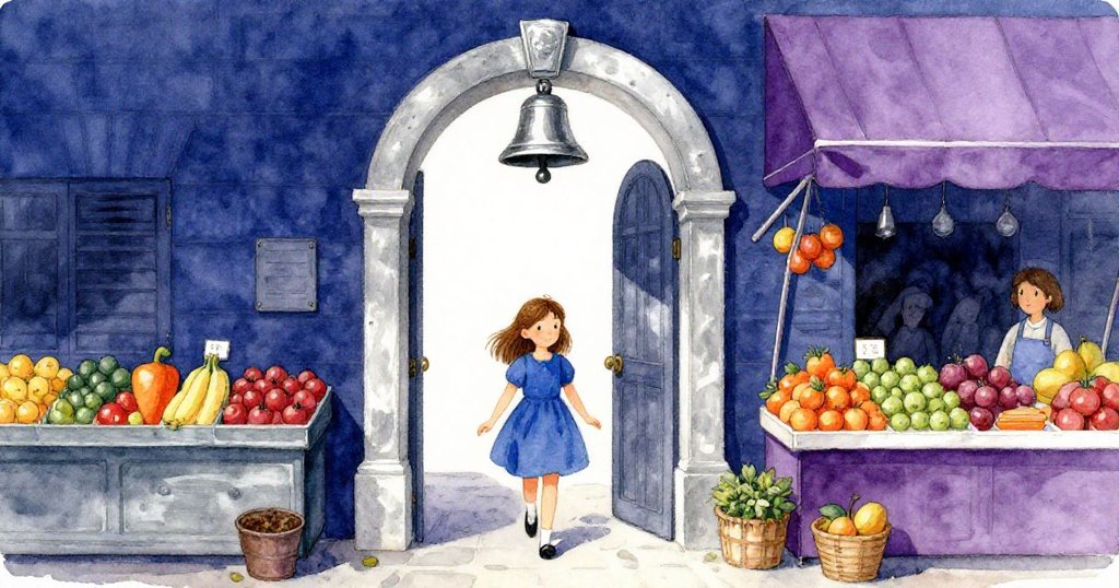 莉莉穿越拱形棚幕進入熱鬧市場,鈴聲悠揚映襯她滿懷期待的神情與環境。