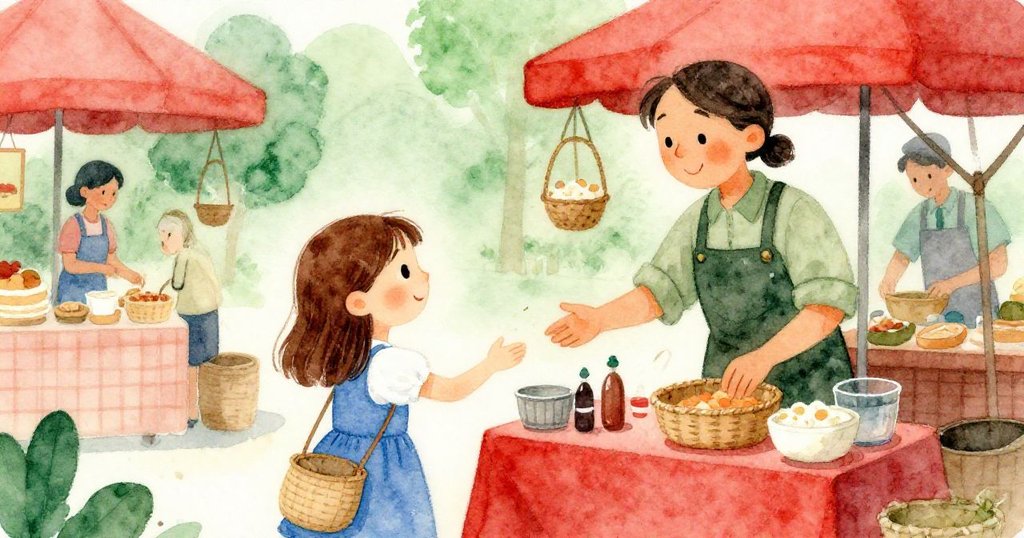 莉莉與攤販互點微笑,溫馨慶祝阻止貨車意外,市場背景中展現團隊共克難關的喜悅。