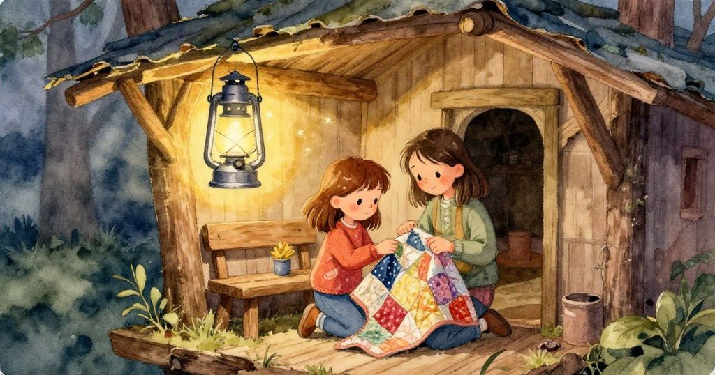 格蕾塔穿著靴子小心踏步於粗糙木板上，碎布與工具散落，表現出拼布過程中的專注準備。