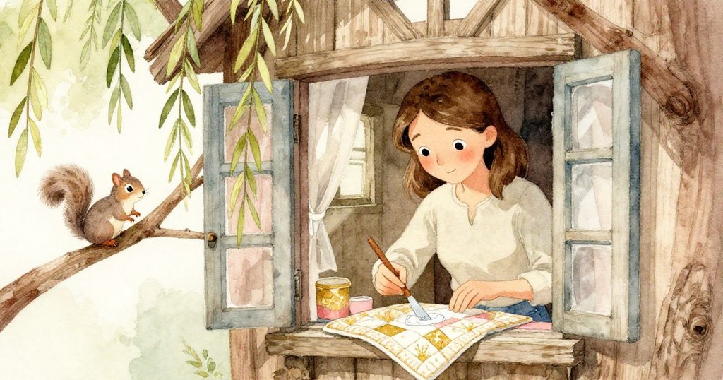 透過樹屋窗戶看見格蕾塔細心塗膠，外頭柳樹上一隻灰松鼠平衡枝頭，展現室內外光線交織。