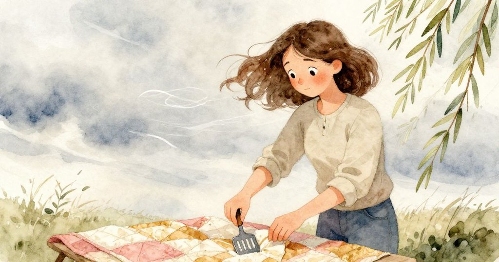 格蕾塔在陰雲和微風吹拂下調整工具，濕膠和搖曳柳枝展現天氣轉變，畫面充滿動感。