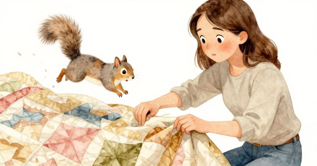 格蕾塔驚喜中按壓拼布，灰松鼠躍上拼布互動，展現了專注與趣味瞬間。