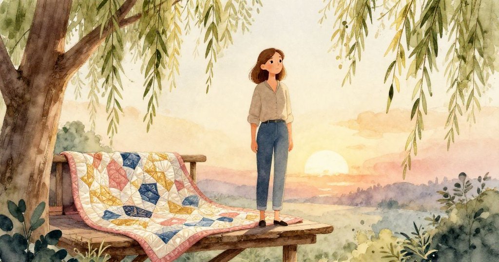 夕陽餘暉中，格蕾塔自豪站於近完成拼布旁，柳葉輕拂欄杆，營造和諧溫暖平靜結局。