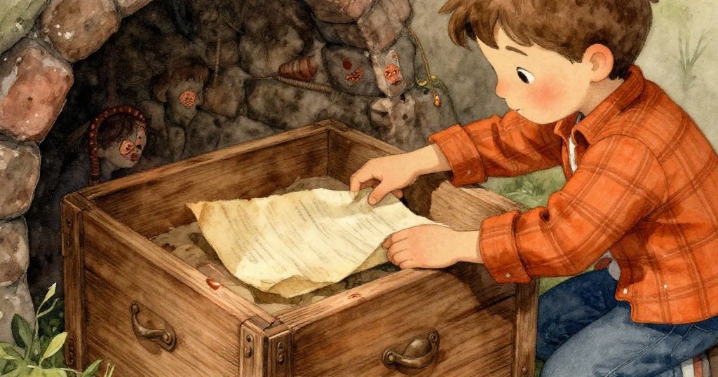 在昏暗地窖中，Dale專注地將筆記本放在木盒上，手部動作精細，展現出穩重與專注，充滿探索意義。