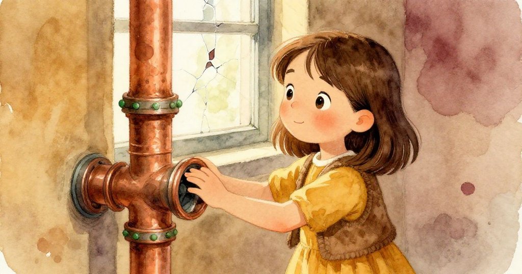 Olive透過破碎小窗反射，輕觸銅管上散落的綠色斑點，目光中閃爍著新奇期盼，現場光影夢幻。