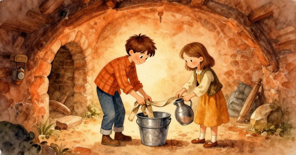 隨著燈光漸弱，Dale與Olive忙碌地綁住麻布腰帶搭橋，地窖中光影變幻，展現創造與時光流轉情景。