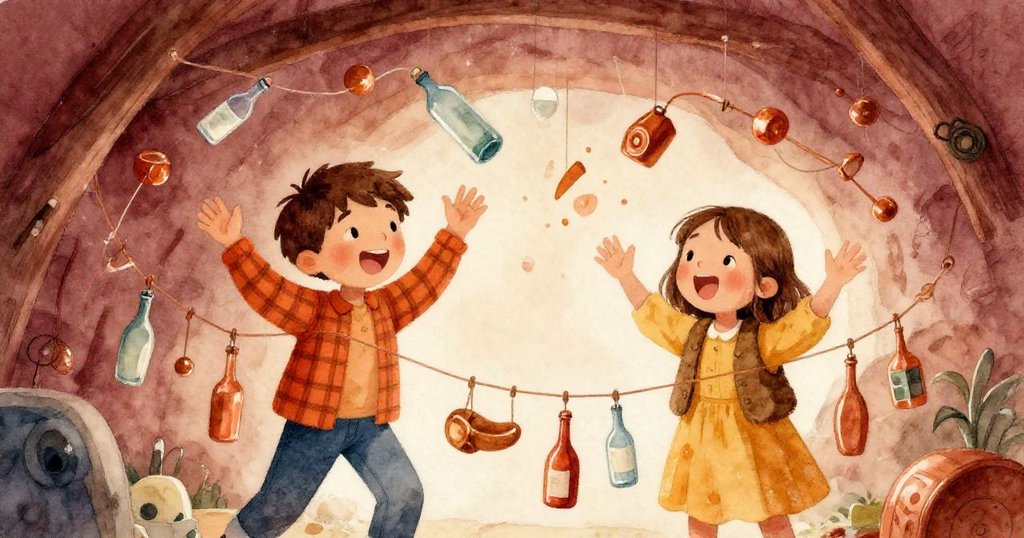 Dale與Olive滿臉喜悅慶祝成功，地窖中聲鏈狂響，動作活潑展現創意冒險愉快氣氛，心境溫暖快樂。