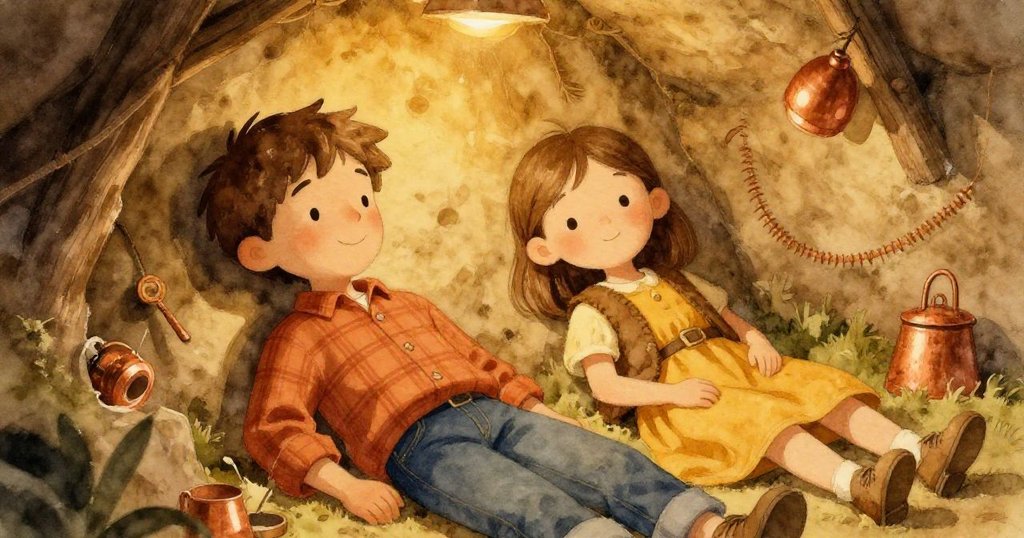 在地窖安靜角落，Dale與Olive相依小憩，背景聲鏈微動，臉上滿是滿足與寧靜，結束冒險之旅。