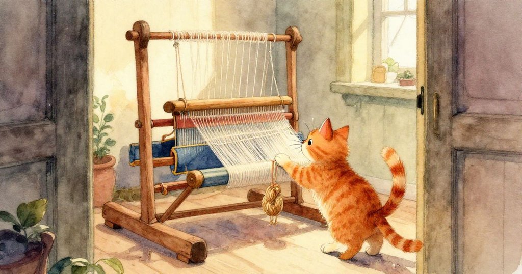 Ginger貓步入充滿飛舞塵埃與小鳥的織布房,背景有大型木製織機和散落線團,神情好奇而活潑,陽光明媚。