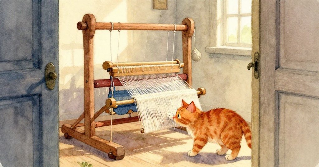 Ginger貓輕觸籐碗中彩色線團,細膩特寫展現物件紋理,神情充滿好奇與溫柔,背景柔和靜謐。