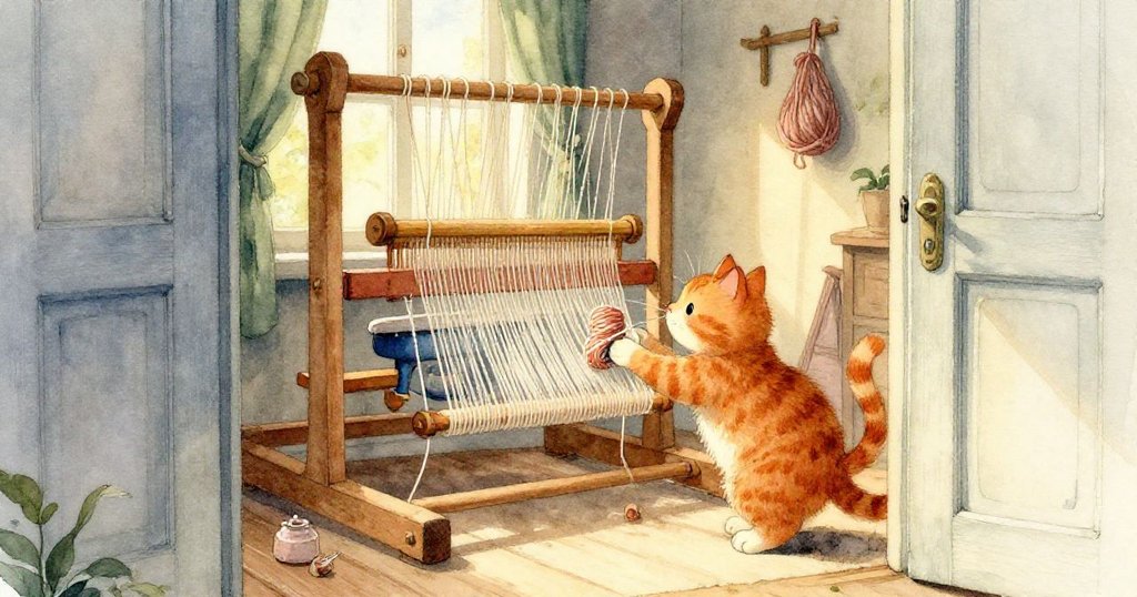 Ginger貓跳上木製長椅輕敲線團,斜陽穿窗灑落,塵埃隨光舞動,營造出迷人而夢幻的場景。