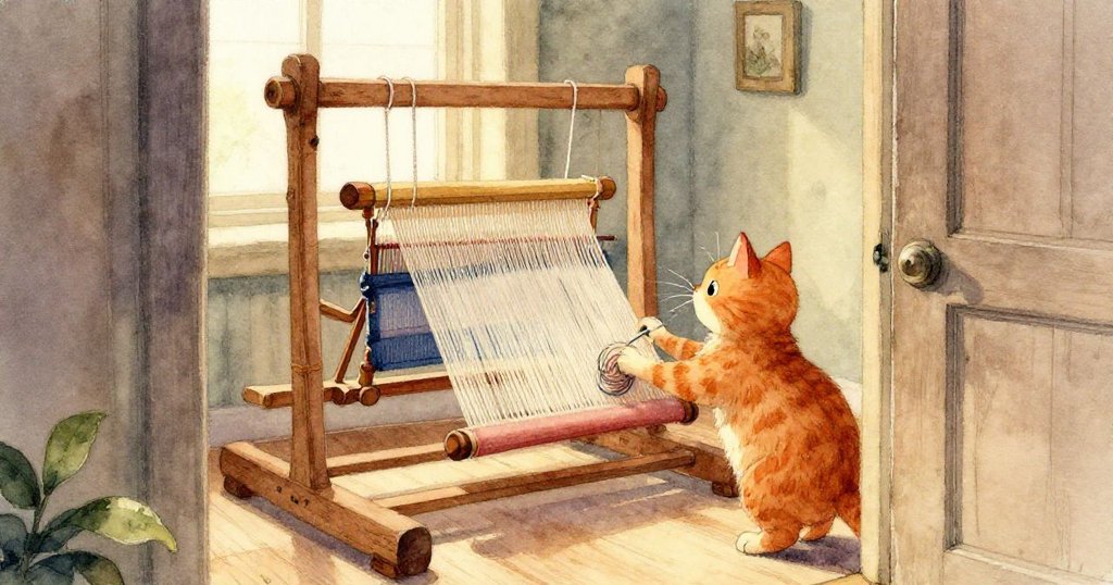 Ginger貓停步於墜落梭子旁,凝視懸浮彩線,神情沉思,柔和光線映出室內溫馨且充滿選擇意味的角落。