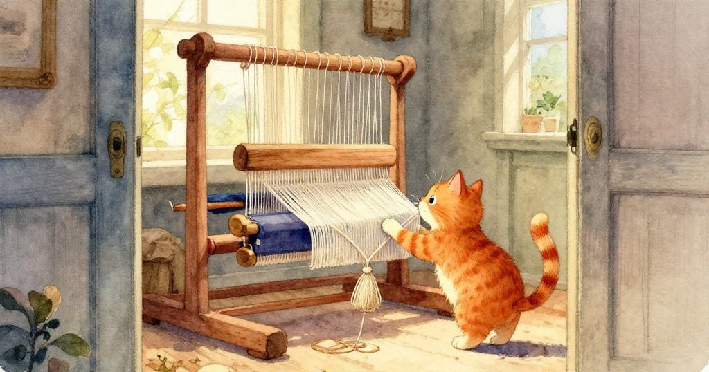 Ginger貓在暮光中揮爪告別織布房,柔和夕陽映襯下,線團微震余韻繚繞,展現溫馨而感傷的離別情景。