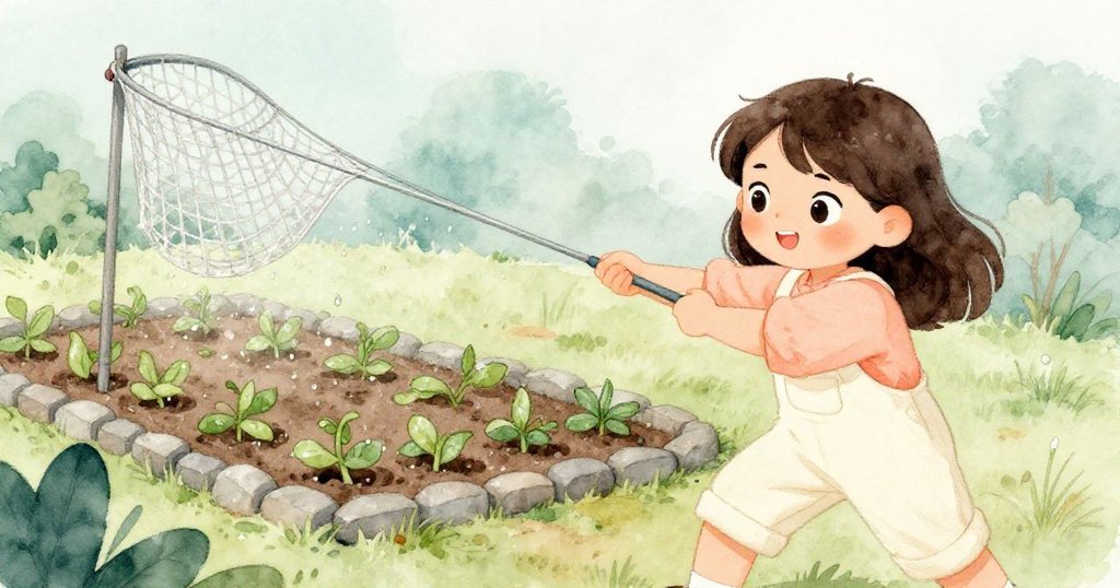 헤이즐이 이슬 맺힌 아침 정원에서 돌담 앞 부츠를 놓고 신축성 있는 그물을 당기며 활기차게 움직이는 모습, 평화로운 미소가 돋보임.