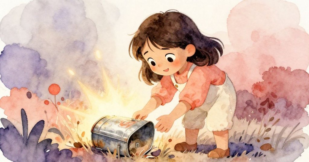 헤이즐이 따뜻한 빛 아래에서 흙에 묻힌 금속 통을 발견하며 조심스럽게 살펴보는 순간, 깊은 유산의 상징을 느끼는 표정이 인상적임.