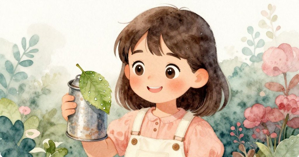 헤이즐이 부드럽게 금속 통을 들여다보며 이슬 맺힌 잎사귀에 비친 세밀한 모습에 감탄하는 클로즈업, 조용한 정원 분위기가 느껴짐.
