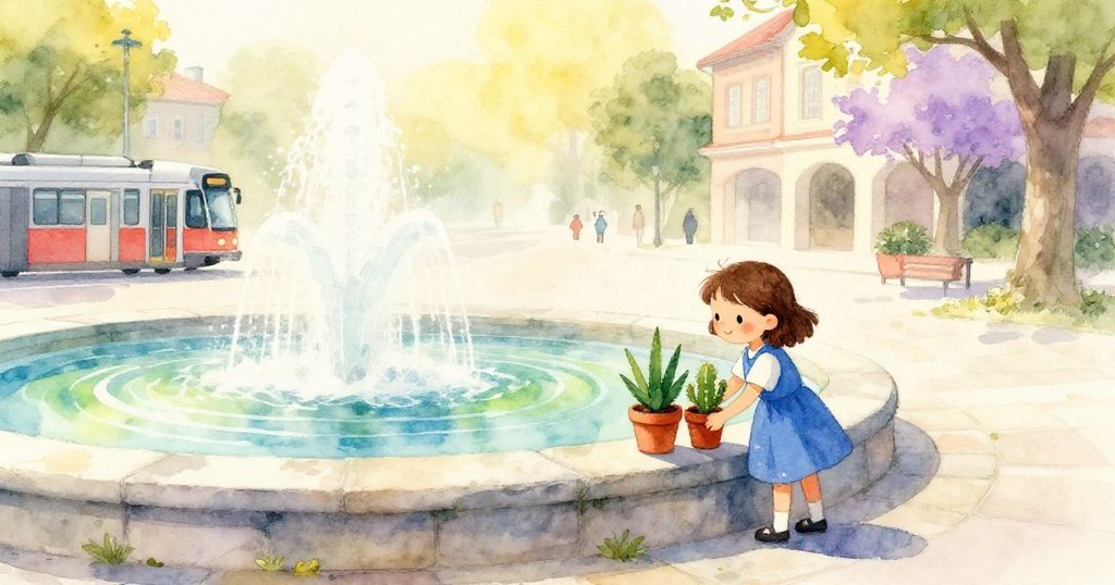 Kira在晨霧中操作花盆,背景有噴泉與反光綠光,表情專注期待,開展全新嘗試。