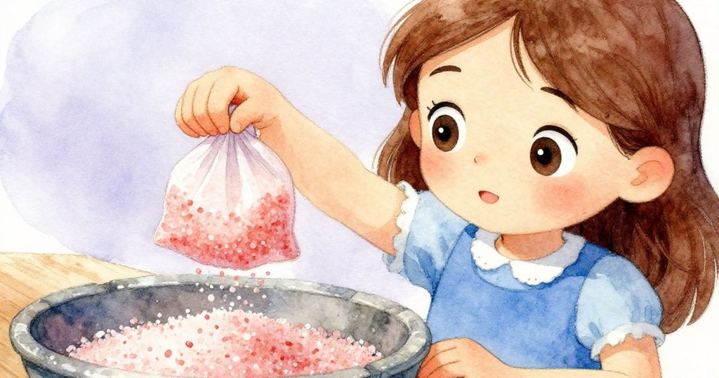 Kira專注眼神特寫,手中捏著粉紅鹽袋洒出細鹽,背景為濕潤石緣,展現認真與期待情緒。