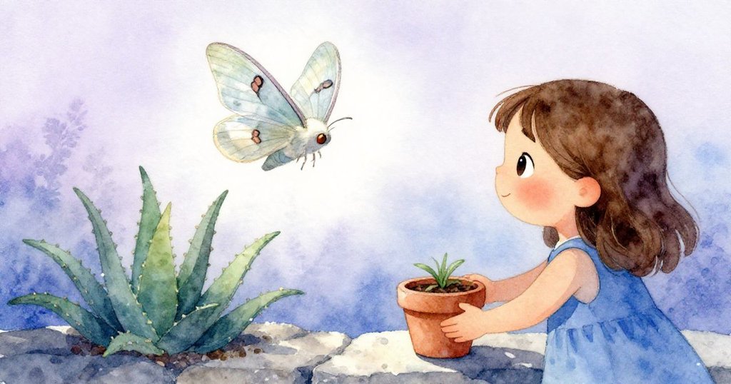 Kira的手輕觸花盆,背景中淡霧下一隻蒼白蛾停在蘆薈上,營造出柔和而夢幻氛圍。