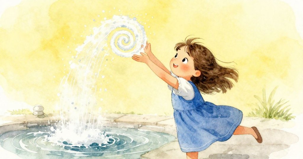 Kira用肩膀擋住泉水噴霧,動作中展示專注與努力,鹽粒隨風飄散,呈現自然元素間的微妙互動。