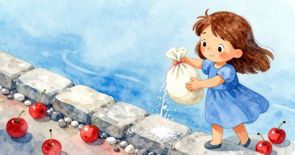 Kira靈活調整鹽袋,薄鹽絲如溪流般流動,動態捕捉她的專注與優美動作,背景石緣點綴著小卵石。