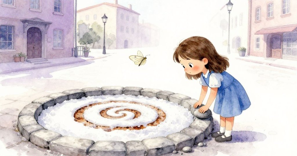 Kira完成鹽紋圖案,細心擺放卵石修復裂痕,眼中驚異與反思並存,一隻淡蛾輕舞過面,象徵發現與接納。