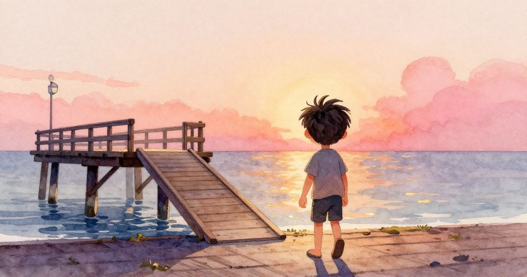 Max早晨興奮地走向木製碼頭，背景呈現柔和桃色與玫瑰粉色晨曦，海邊氛圍溫暖而期待