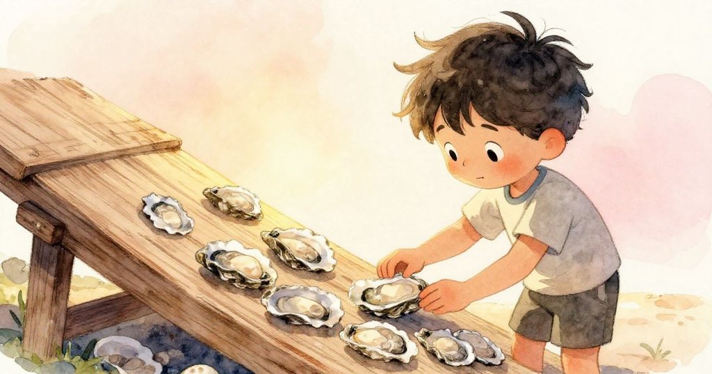 Max在晨光中近距離觀察碼頭上打磨的牡蠣殼，臉上透露出好奇和興奮，背景充滿早晨溫暖光輝