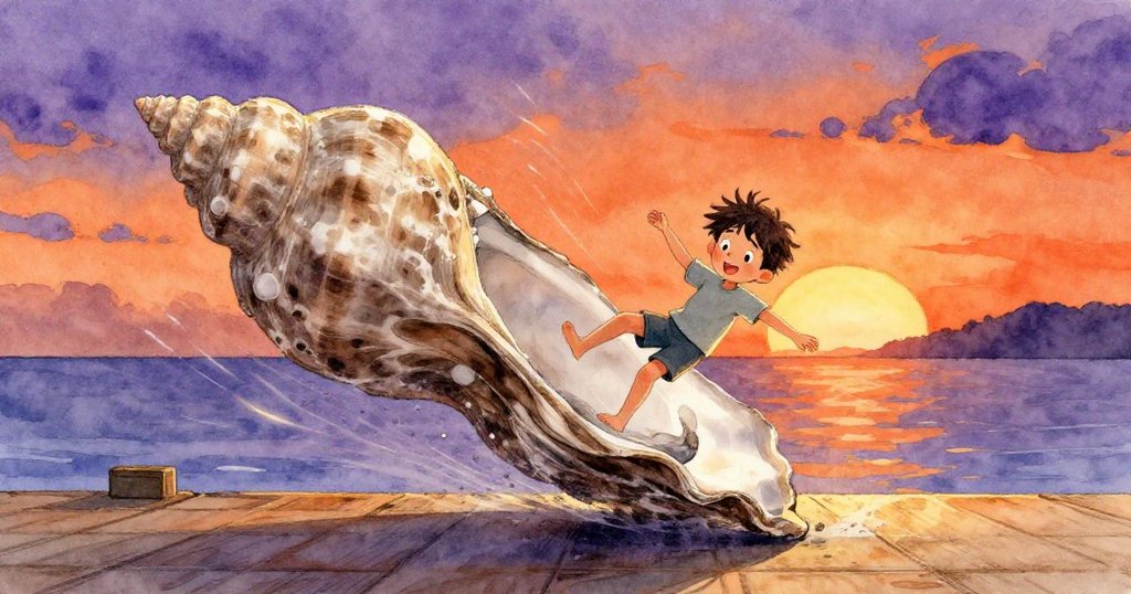 Max滿懷好奇快樂地將牡蠣殼從斜板上滑下，動態捕捉外觀精緻木板與海邊光影的變化