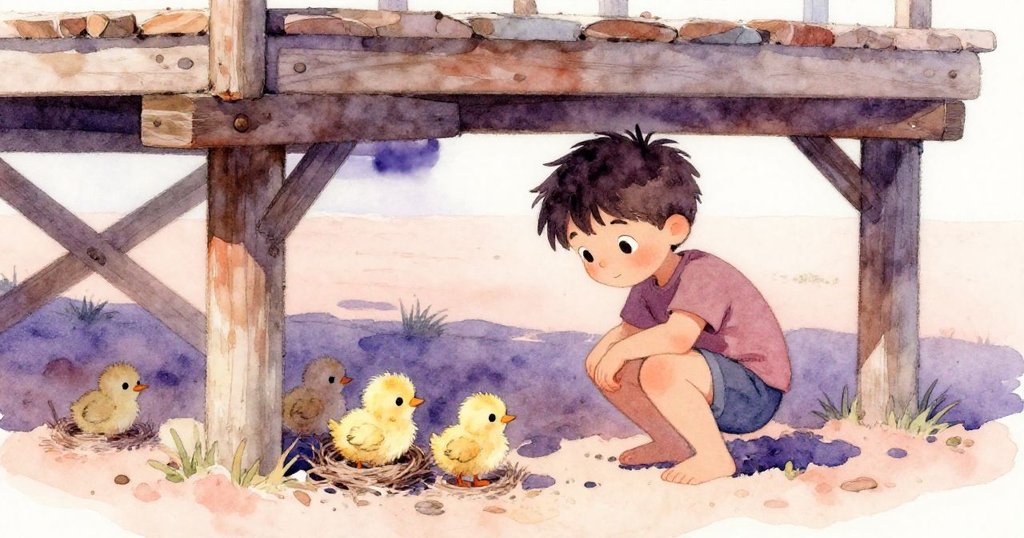 Max蹲下仔細探查碼頭下隱藏的角落，發現細小幼鳥在暗處悄然鳴叫，畫面神秘而溫柔