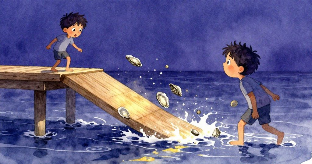 Max驚訝地看著因浪花衝擊而傾斜的碼頭，牡蠣殼與石子迅速滑向海中，水面激起層層漣漪，情緒緊張