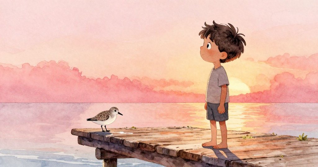 Max在日落時分靜立於碼頭邊，溫暖光線映照海面波紋，沙鷗輕啄水滴，展現平和與思索