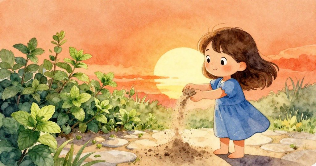 Dina在溫暖夕陽下傾倒鐵罐，沙子流落在石板和薄荷花床上，輪廓柔和展現創作開端的情景。