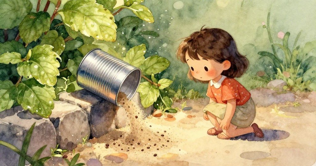 Dina專注按壓沙堆，細膩的手勢和微笑流露出探索與滿足，背景隱約呈現晨光中的花園。