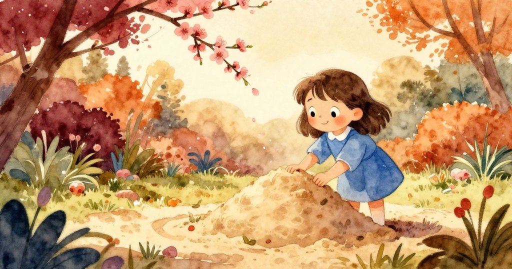 桃花輕飄落在Dina工作的沙堆上，柔和金光中顯出季節更迭之美，場景洋溢溫暖與夢幻的戶外氣息。