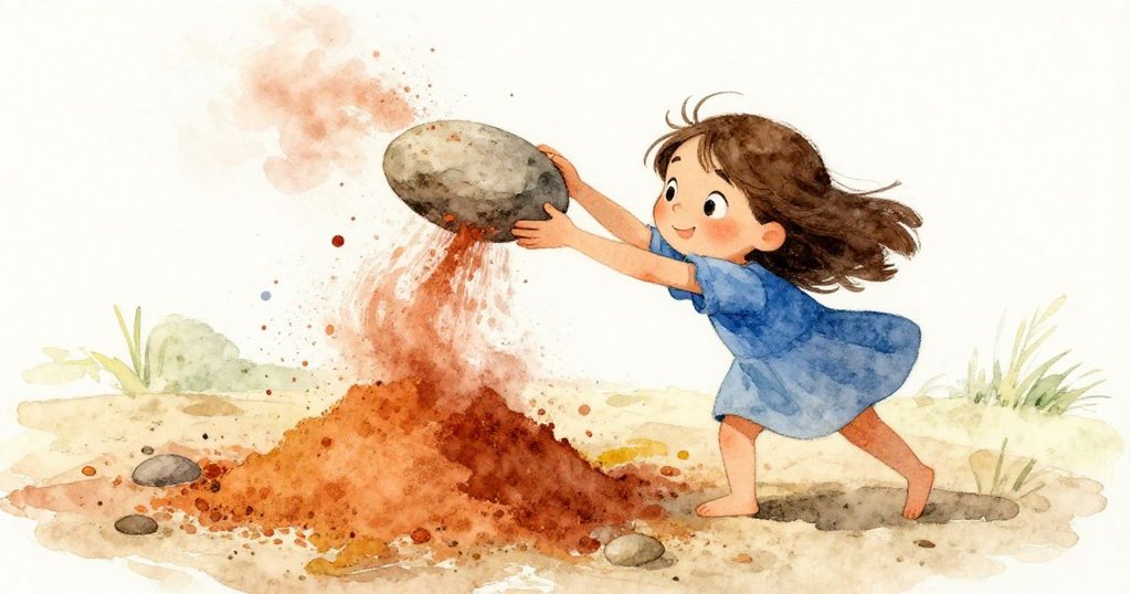 Dina輕推平石揭開新坡，粉末滑落展現層疊圖案，她驚喜的眼神映出發現自然藝術瞬間的歡愉。