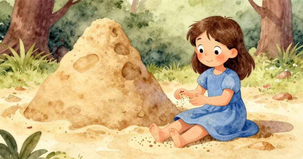 Dina靜坐欣賞完成的沙堆，輕撫手上細塵，臉上洋溢著平靜滿足，戶外環境溫柔映襯創作尾聲。